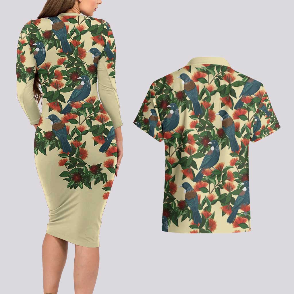 New Zealand Christmas Couples Matching Long Sleeve Bodycon Dress and Hawaiian Shirt Romantic Tui Birds on Pohutukawa - Ivory - Polynesian Pride