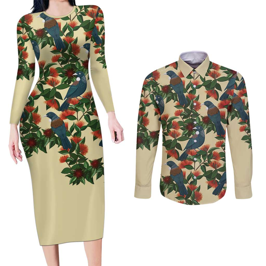 New Zealand Christmas Couples Matching Long Sleeve Bodycon Dress and Long Sleeve Button Shirt Romantic Tui Birds on Pohutukawa - Ivory - Polynesian Pride