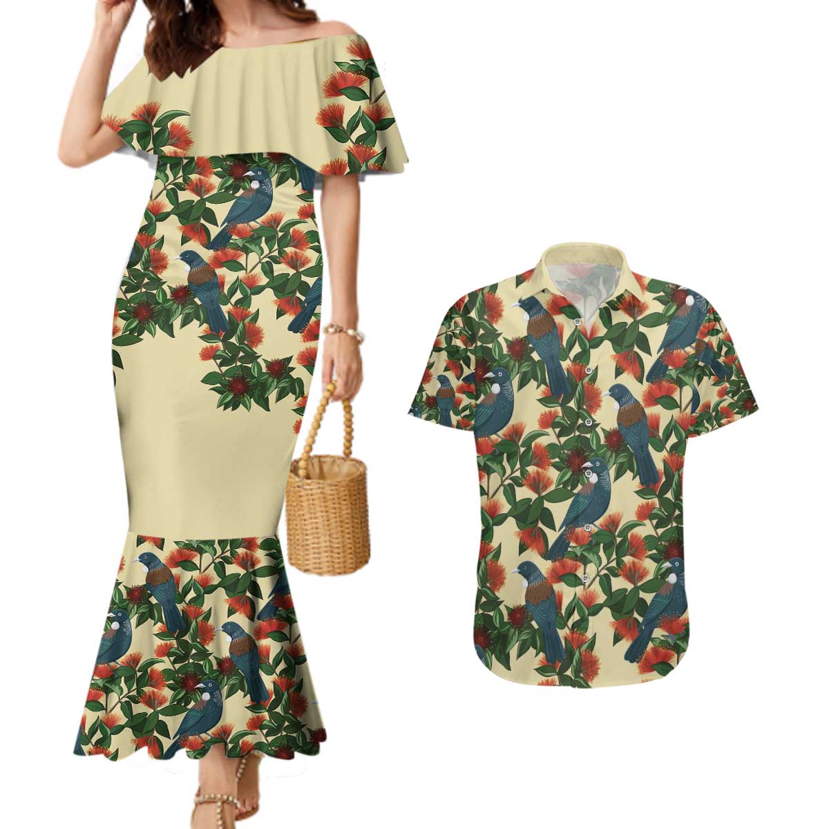 New Zealand Christmas Couples Matching Mermaid Dress and Hawaiian Shirt Romantic Tui Birds on Pohutukawa - Ivory - Polynesian Pride