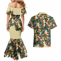 New Zealand Christmas Couples Matching Mermaid Dress and Hawaiian Shirt Romantic Tui Birds on Pohutukawa - Ivory - Polynesian Pride