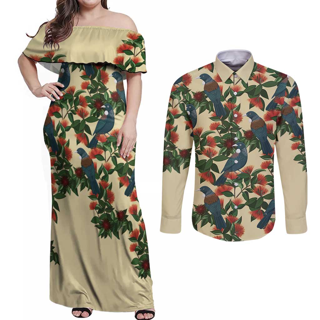 New Zealand Christmas Couples Matching Off Shoulder Maxi Dress and Long Sleeve Button Shirt Romantic Tui Birds on Pohutukawa - Ivory - Polynesian Pride
