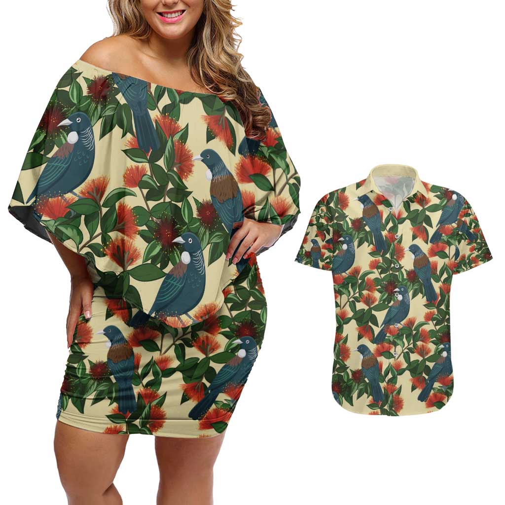 New Zealand Christmas Couples Matching Off Shoulder Short Dress and Hawaiian Shirt Romantic Tui Birds on Pohutukawa - Ivory - Polynesian Pride