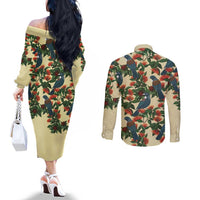 New Zealand Christmas Couples Matching Off The Shoulder Long Sleeve Dress and Long Sleeve Button Shirt Romantic Tui Birds on Pohutukawa - Ivory - Polynesian Pride