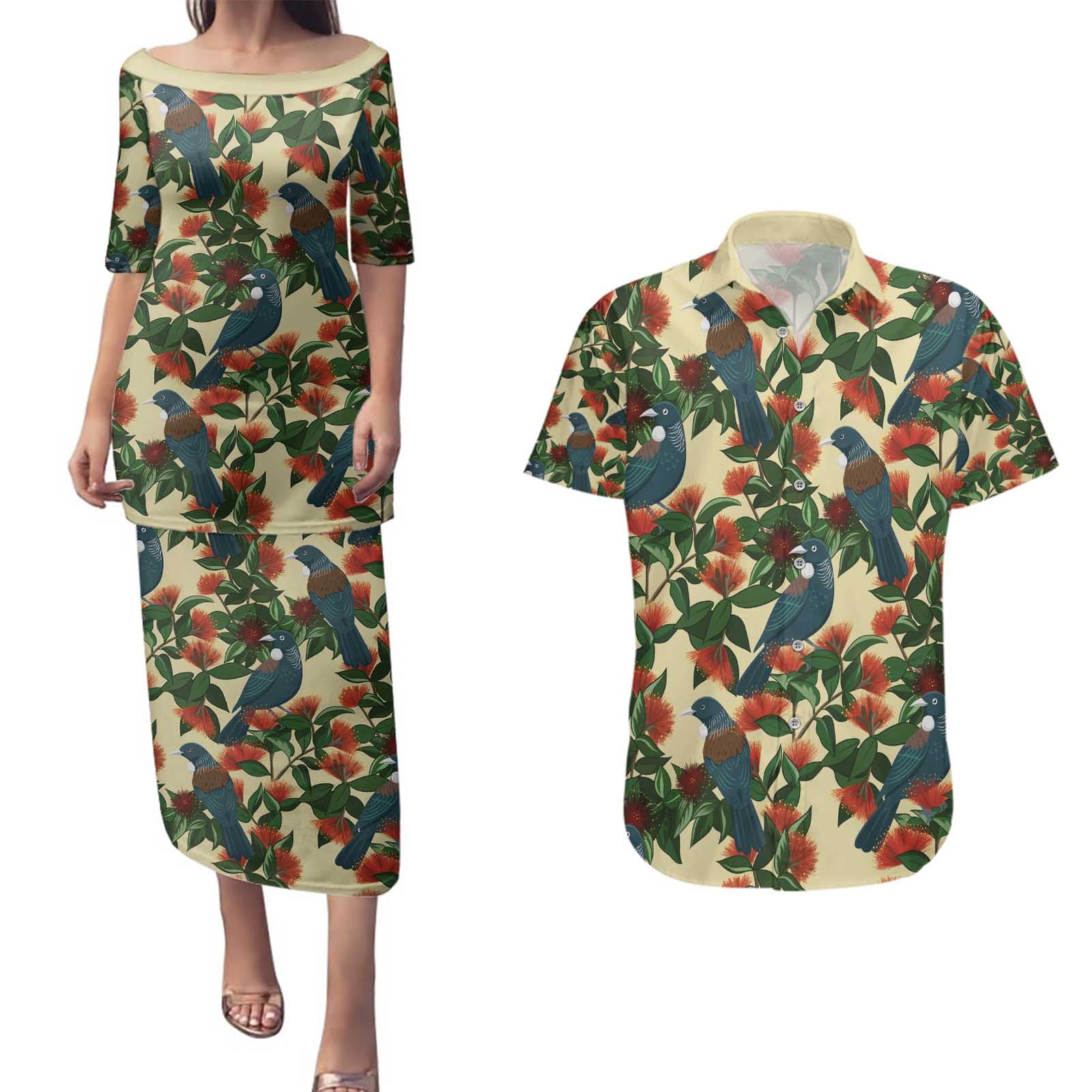 New Zealand Christmas Couples Matching Puletasi and Hawaiian Shirt Romantic Tui Birds on Pohutukawa - Ivory - Polynesian Pride