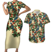 New Zealand Christmas Couples Matching Short Sleeve Bodycon Dress and Hawaiian Shirt Romantic Tui Birds on Pohutukawa - Ivory - Polynesian Pride