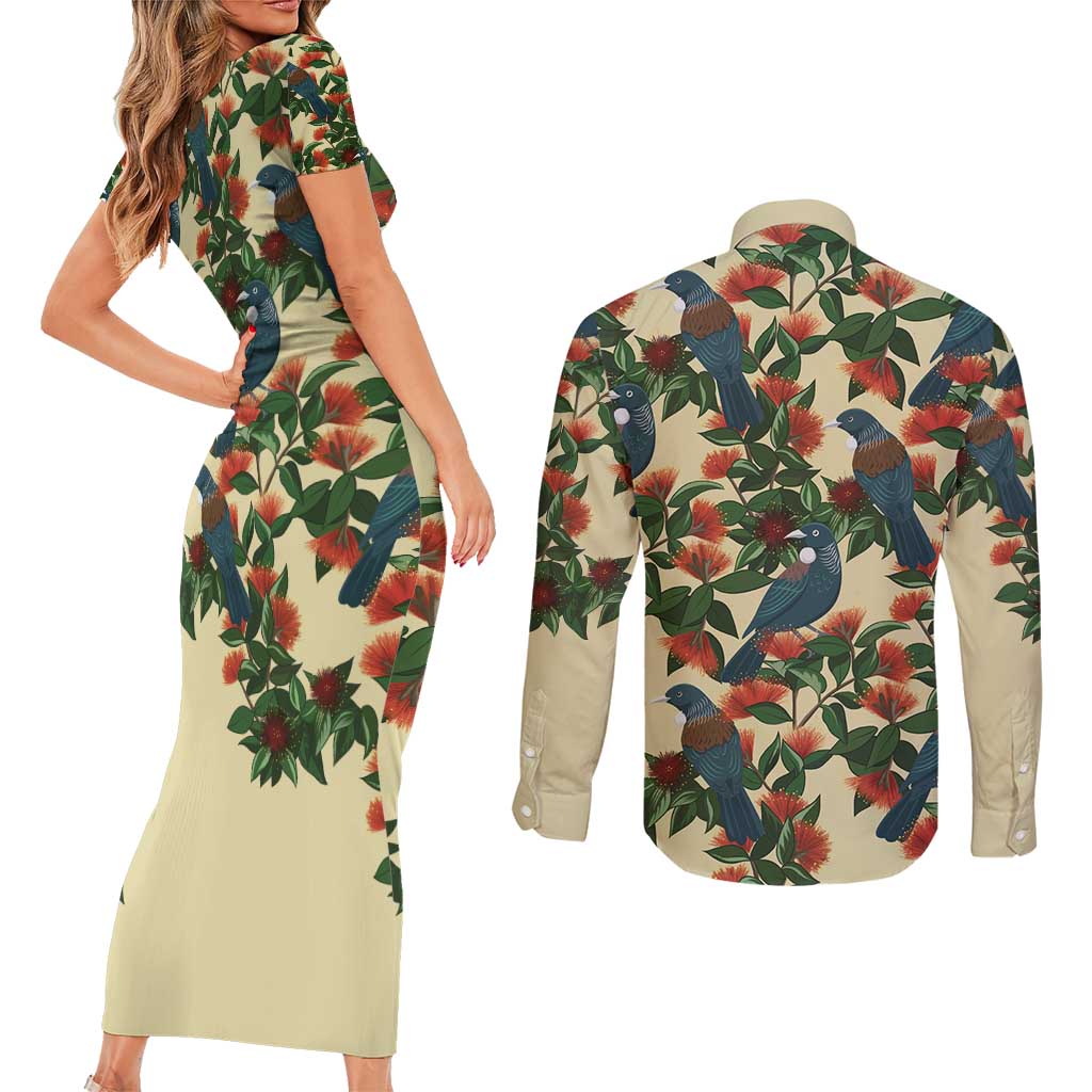 New Zealand Christmas Couples Matching Short Sleeve Bodycon Dress and Long Sleeve Button Shirt Romantic Tui Birds on Pohutukawa - Ivory - Polynesian Pride