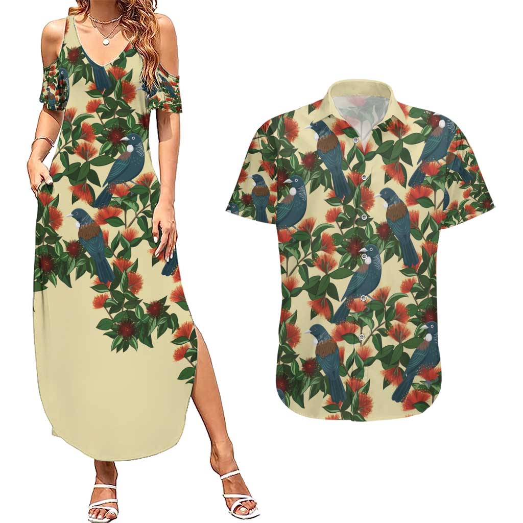 New Zealand Christmas Couples Matching Summer Maxi Dress and Hawaiian Shirt Romantic Tui Birds on Pohutukawa - Ivory - Polynesian Pride
