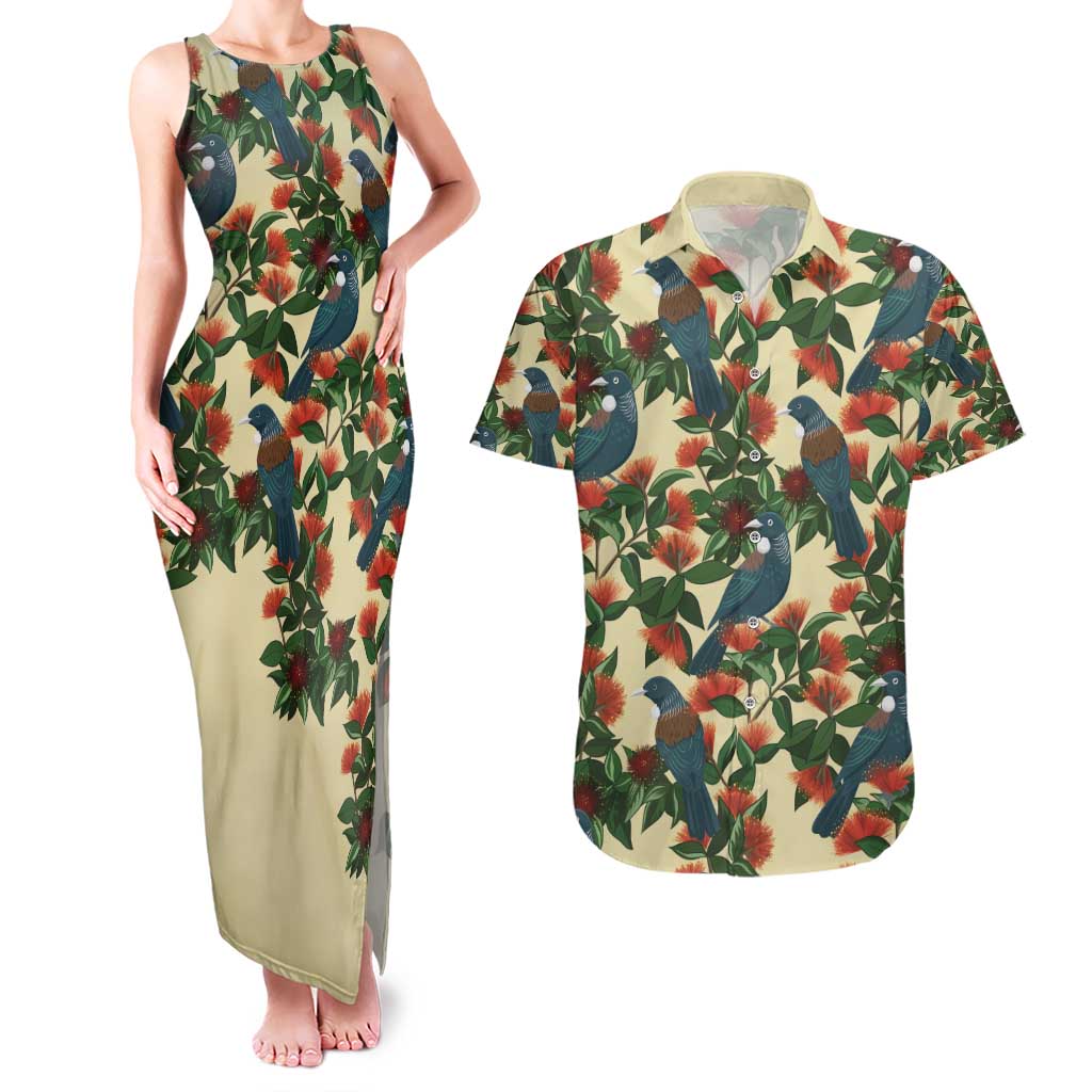 New Zealand Christmas Couples Matching Tank Maxi Dress and Hawaiian Shirt Romantic Tui Birds on Pohutukawa - Ivory - Polynesian Pride