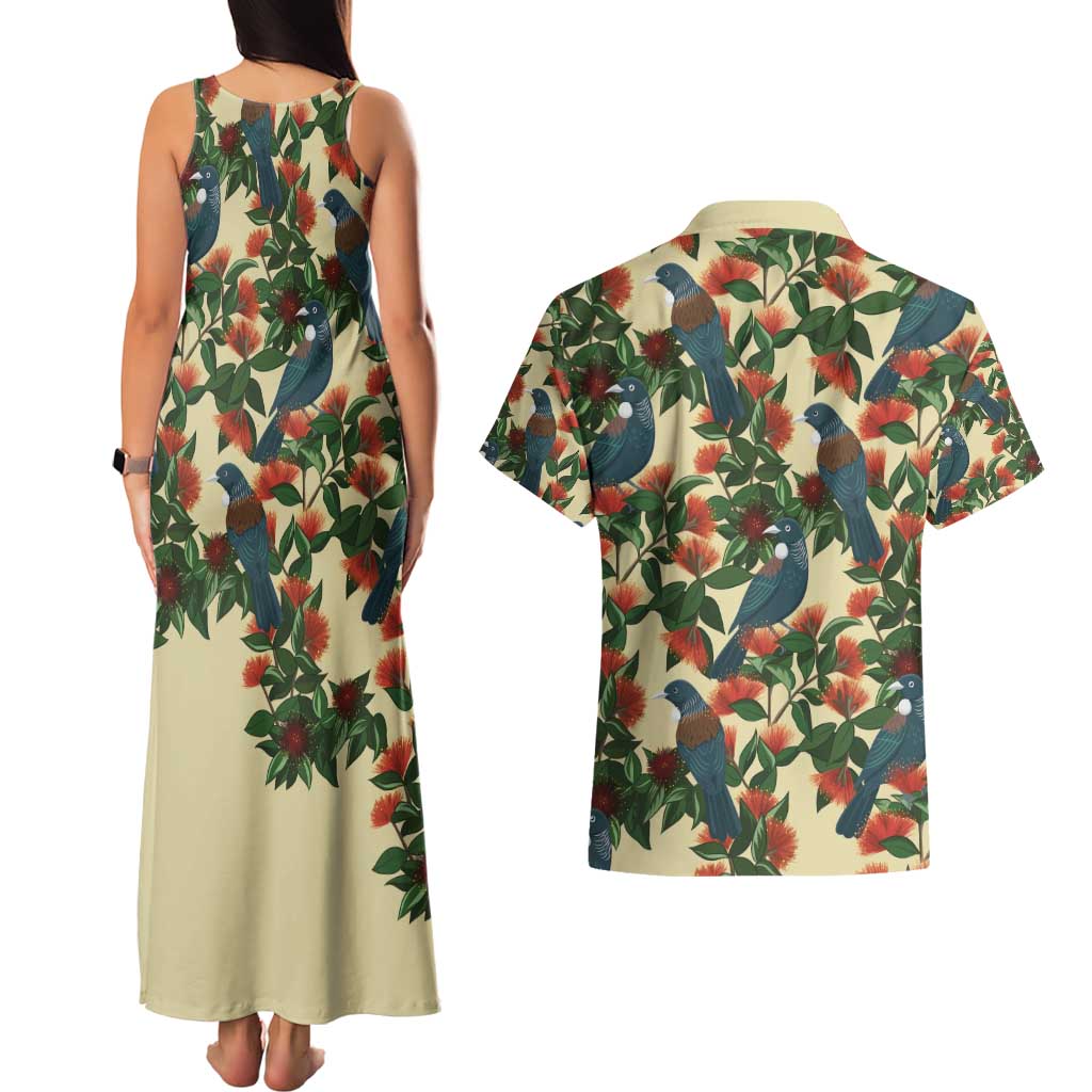 New Zealand Christmas Couples Matching Tank Maxi Dress and Hawaiian Shirt Romantic Tui Birds on Pohutukawa - Ivory - Polynesian Pride