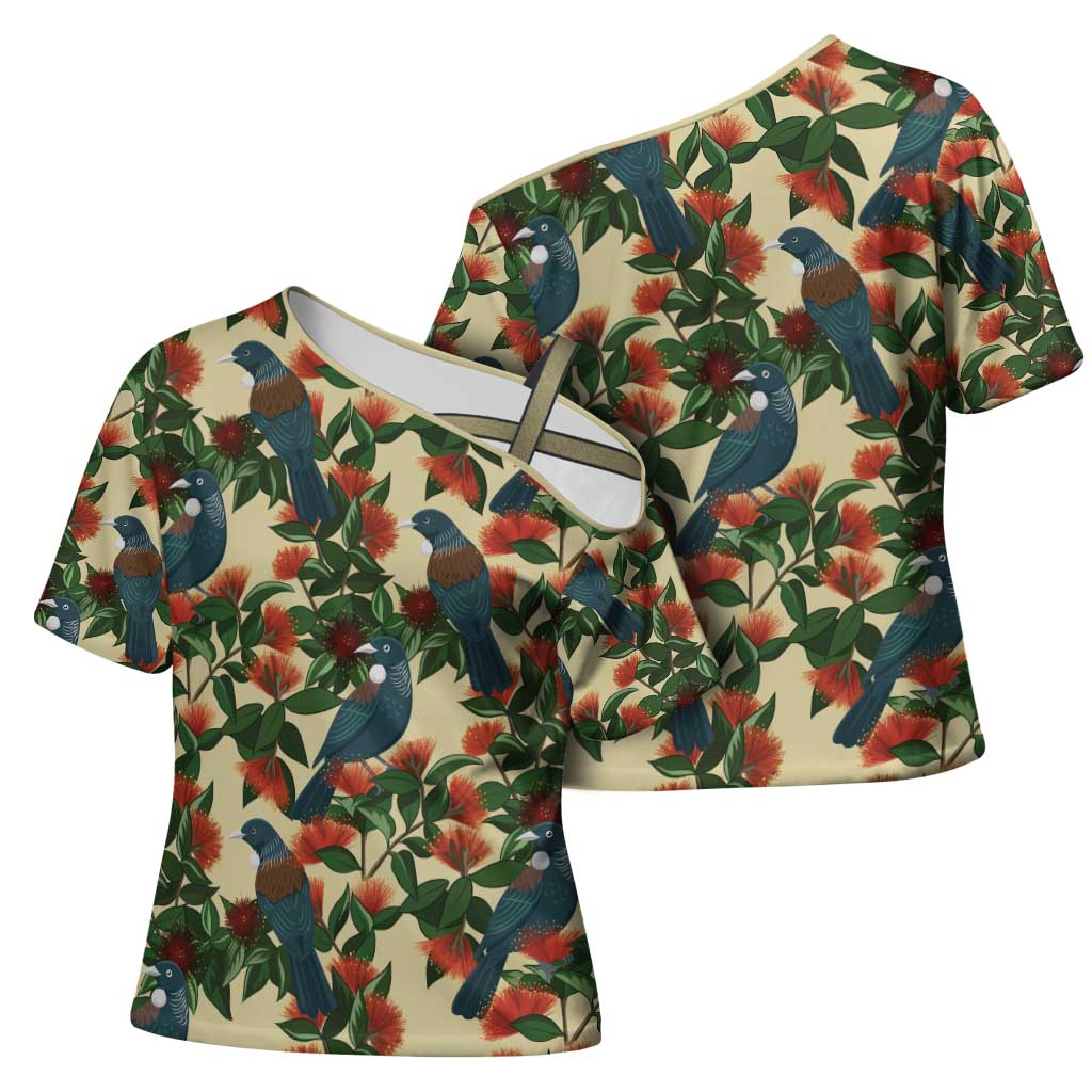 New Zealand Christmas Cross Shoulder Shirt Romantic Tui Birds on Pohutukawa - Ivory - Polynesian Pride