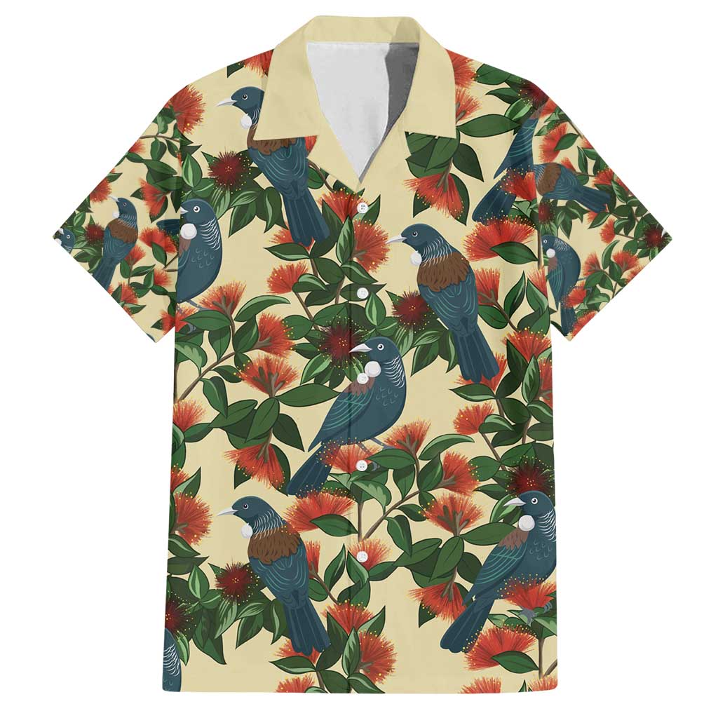 New Zealand Christmas Family Matching Off Shoulder Maxi Dress and Hawaiian Shirt Romantic Tui Birds on Pohutukawa - Ivory - Polynesian Pride