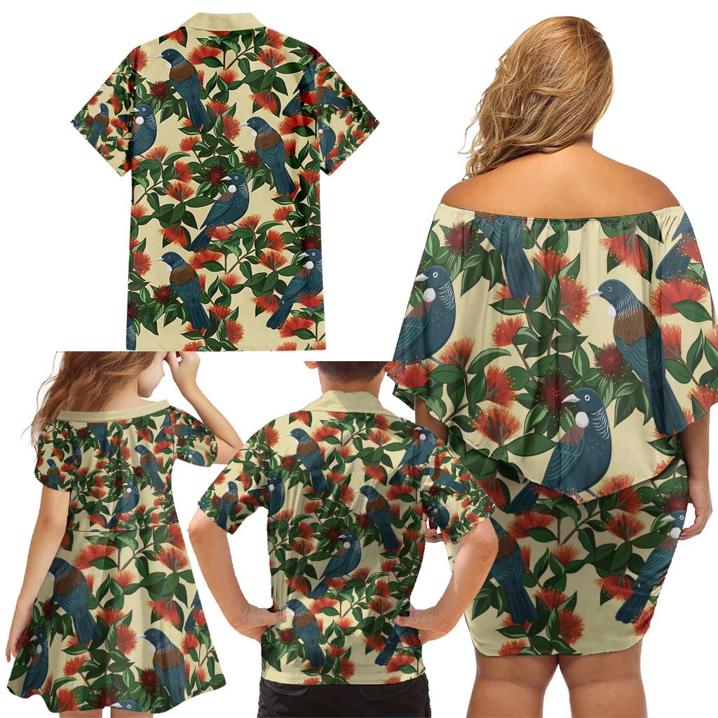 New Zealand Christmas Family Matching Off Shoulder Short Dress and Hawaiian Shirt Romantic Tui Birds on Pohutukawa - Ivory - Polynesian Pride