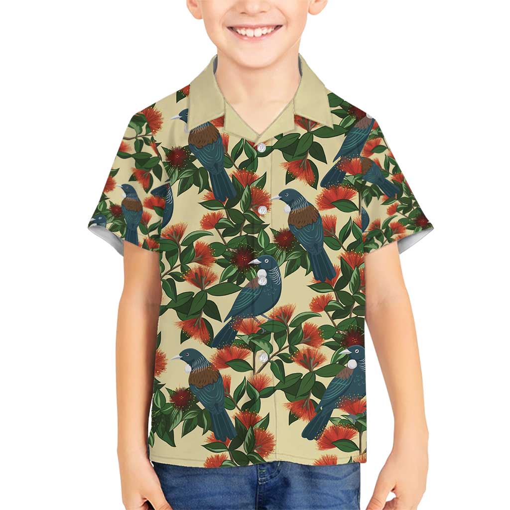 New Zealand Christmas Family Matching Off Shoulder Short Dress and Hawaiian Shirt Romantic Tui Birds on Pohutukawa - Ivory - Polynesian Pride