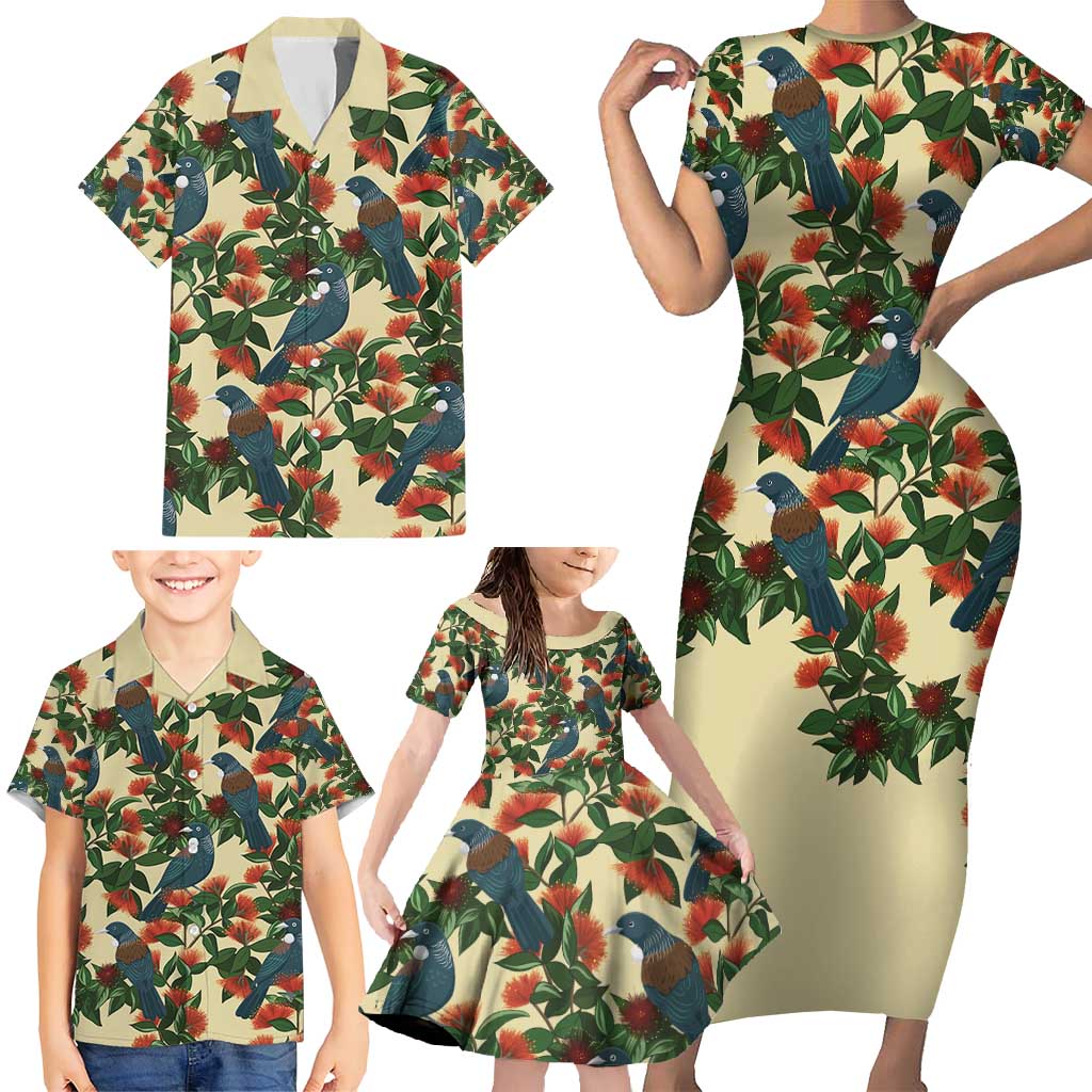 New Zealand Christmas Family Matching Short Sleeve Bodycon Dress and Hawaiian Shirt Romantic Tui Birds on Pohutukawa - Ivory - Polynesian Pride