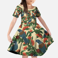 New Zealand Christmas Family Matching Summer Maxi Dress and Hawaiian Shirt Romantic Tui Birds on Pohutukawa - Ivory - Polynesian Pride