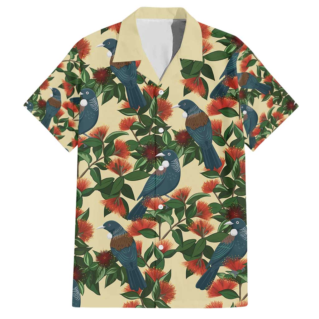 New Zealand Christmas Hawaiian Shirt Romantic Tui Birds on Pohutukawa - Ivory - Polynesian Pride