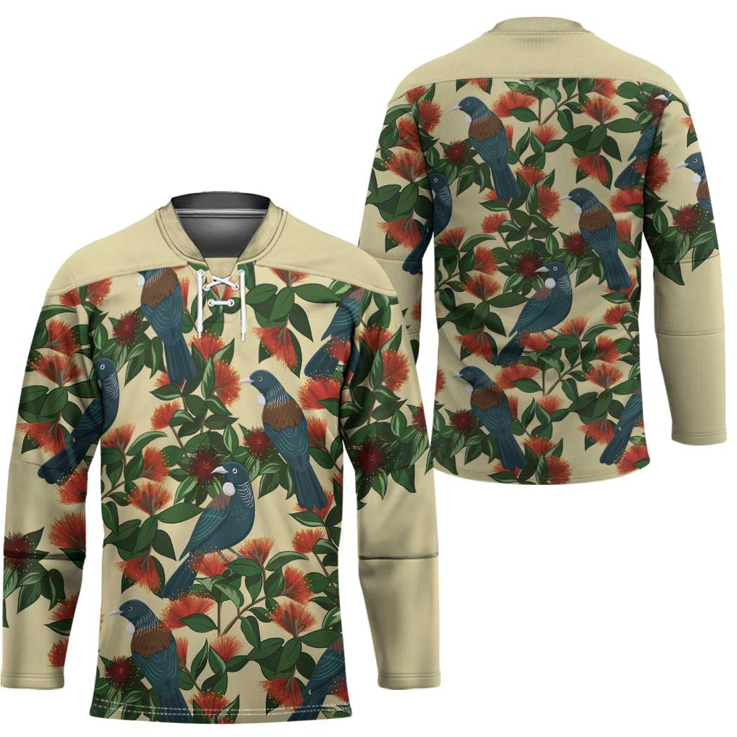 New Zealand Christmas Hockey Jersey Romantic Tui Birds on Pohutukawa - Ivory - Polynesian Pride