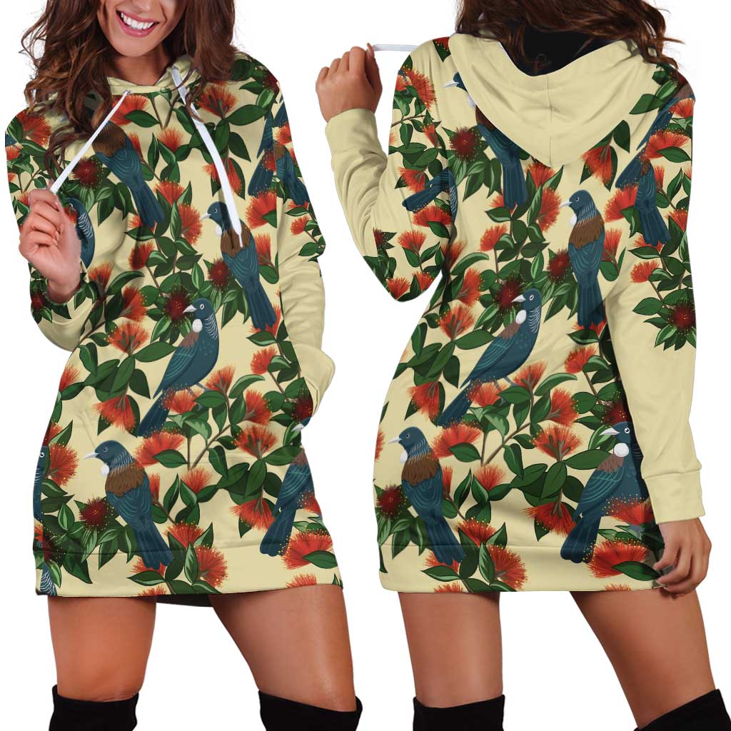 New Zealand Christmas Hoodie Dress Romantic Tui Birds on Pohutukawa - Ivory - Polynesian Pride