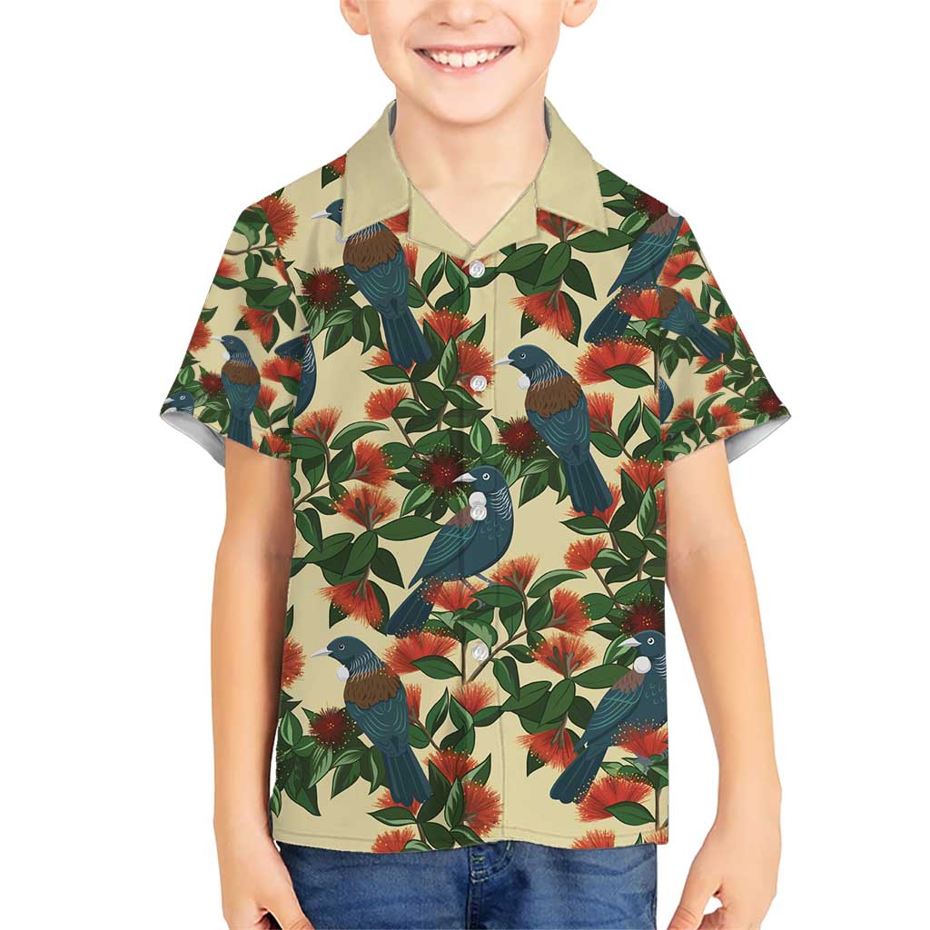 New Zealand Christmas Kid Hawaiian Shirt Romantic Tui Birds on Pohutukawa - Ivory - Polynesian Pride