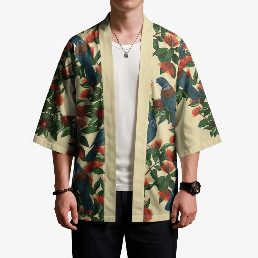 New Zealand Christmas Kimono Romantic Tui Birds on Pohutukawa - Ivory - Polynesian Pride