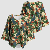 New Zealand Christmas Kimono Sleeve Blouse Romantic Tui Birds on Pohutukawa - Ivory - Polynesian Pride