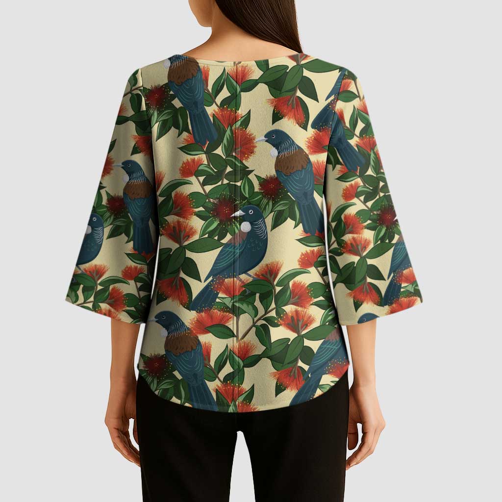 New Zealand Christmas Kimono Sleeve Blouse Romantic Tui Birds on Pohutukawa - Ivory - Polynesian Pride
