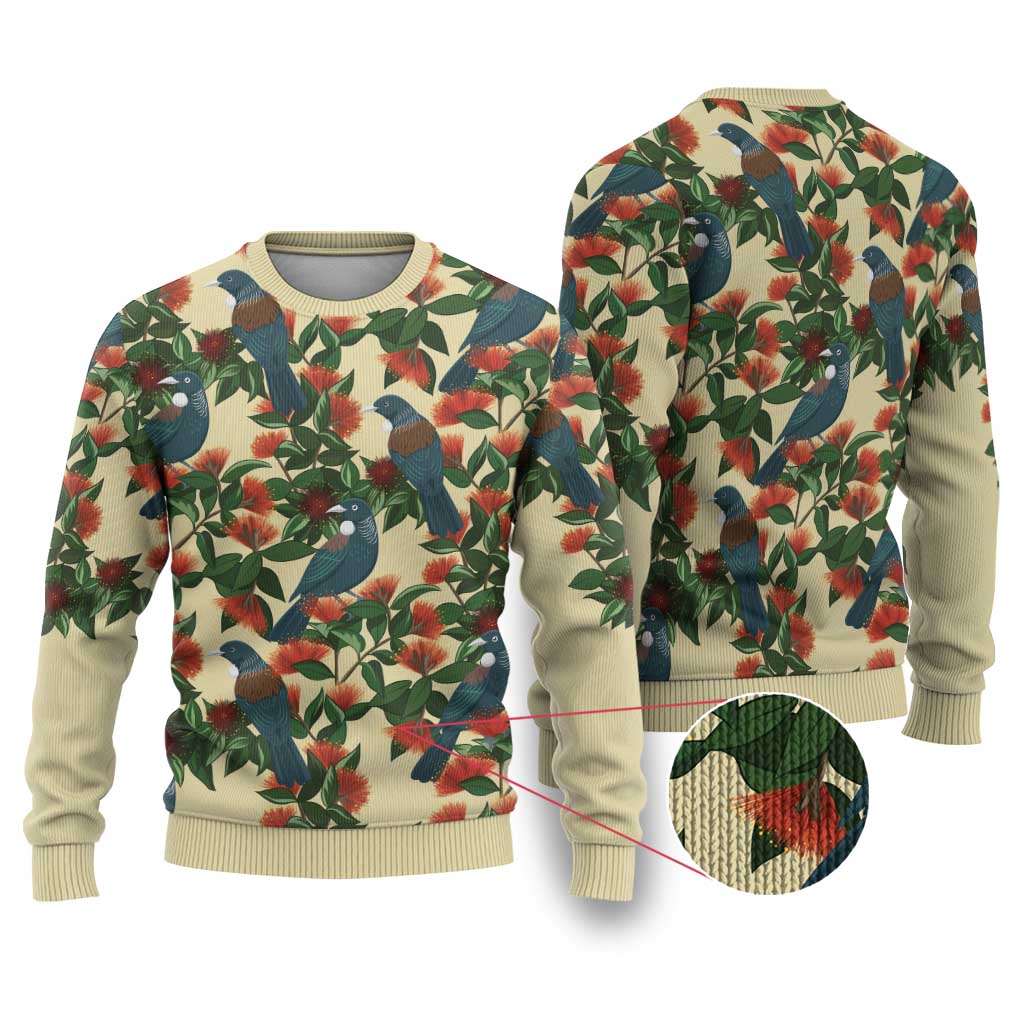New Zealand Christmas Ugly Christmas Sweater Romantic Tui Birds on Pohutukawa - Ivory - Polynesian Pride