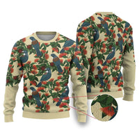 New Zealand Christmas Ugly Christmas Sweater Romantic Tui Birds on Pohutukawa - Ivory - Polynesian Pride