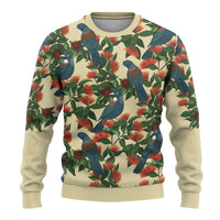New Zealand Christmas Ugly Christmas Sweater Romantic Tui Birds on Pohutukawa - Ivory - Polynesian Pride