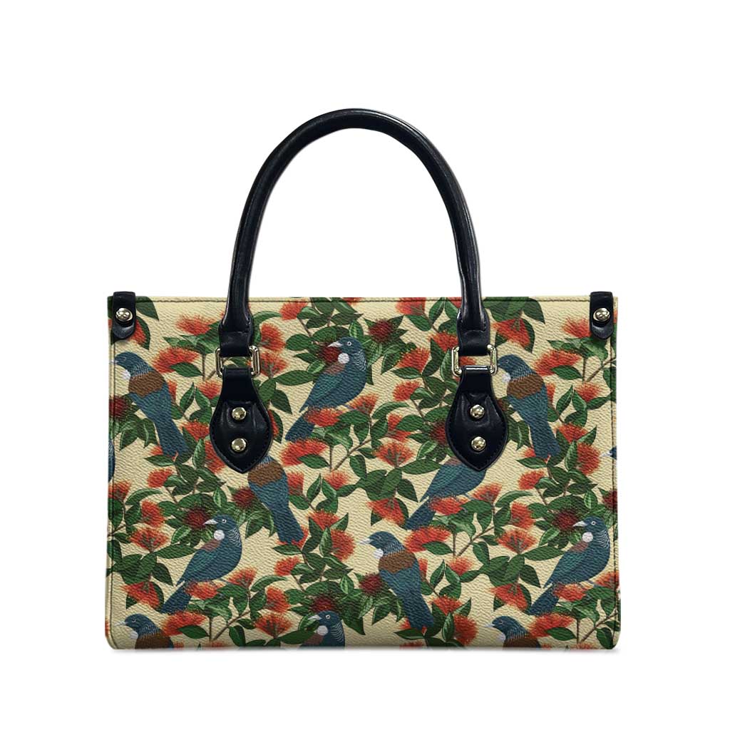 New Zealand Christmas Leather Bag Romantic Tui Birds on Pohutukawa - Ivory - Polynesian Pride
