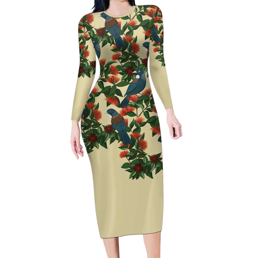 New Zealand Christmas Long Sleeve Bodycon Dress Romantic Tui Birds on Pohutukawa - Ivory - Polynesian Pride