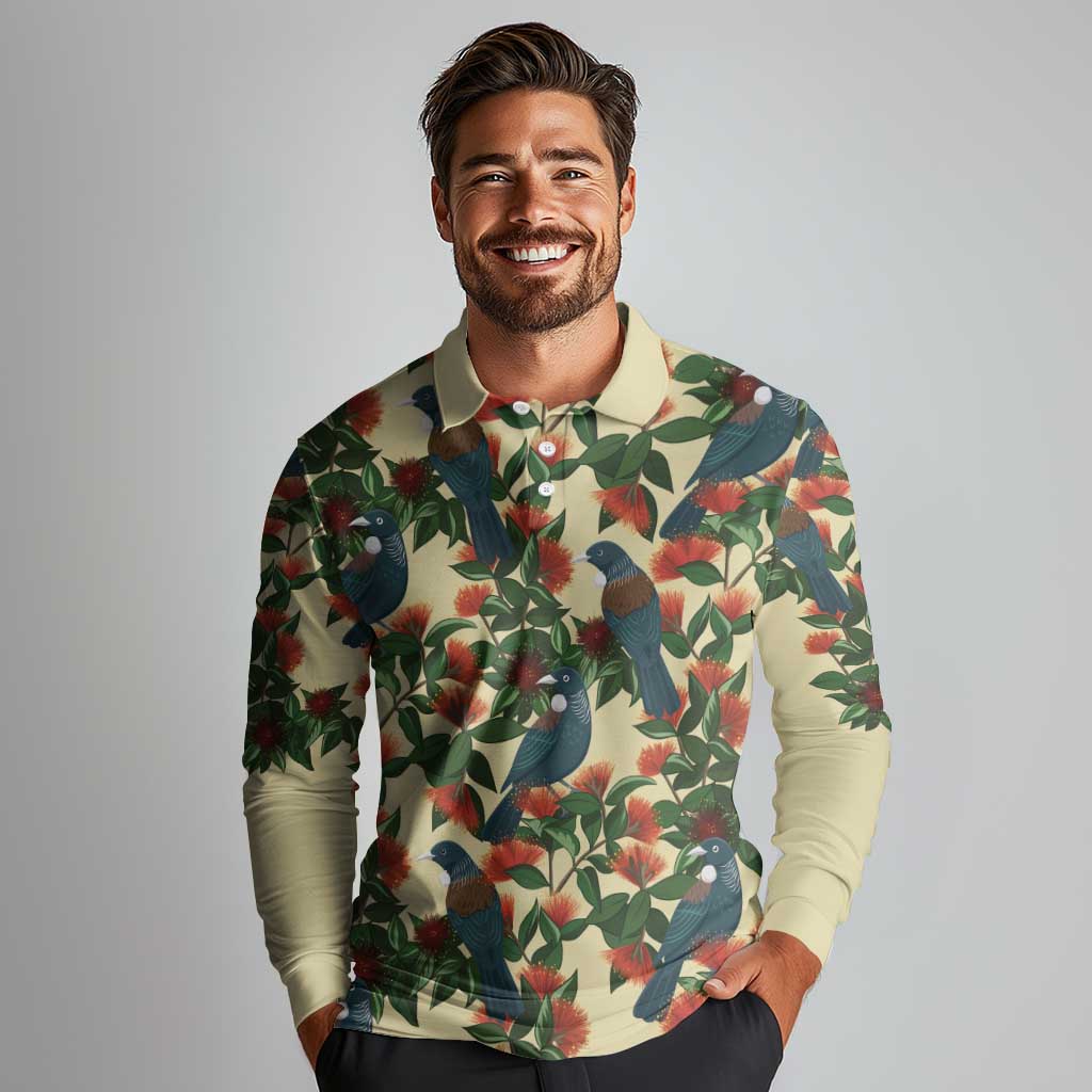 New Zealand Christmas Long Sleeve Polo Shirt Romantic Tui Birds on Pohutukawa - Ivory - Polynesian Pride