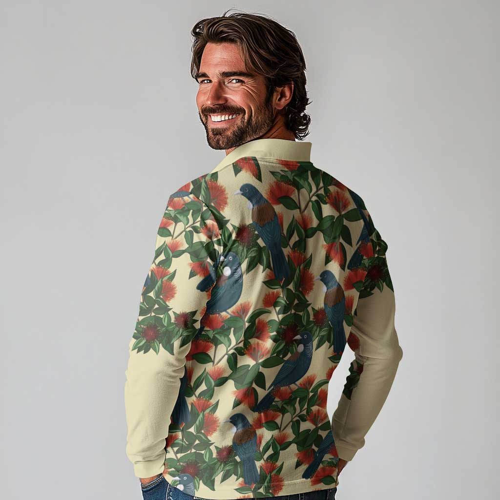 New Zealand Christmas Long Sleeve Polo Shirt Romantic Tui Birds on Pohutukawa - Ivory - Polynesian Pride