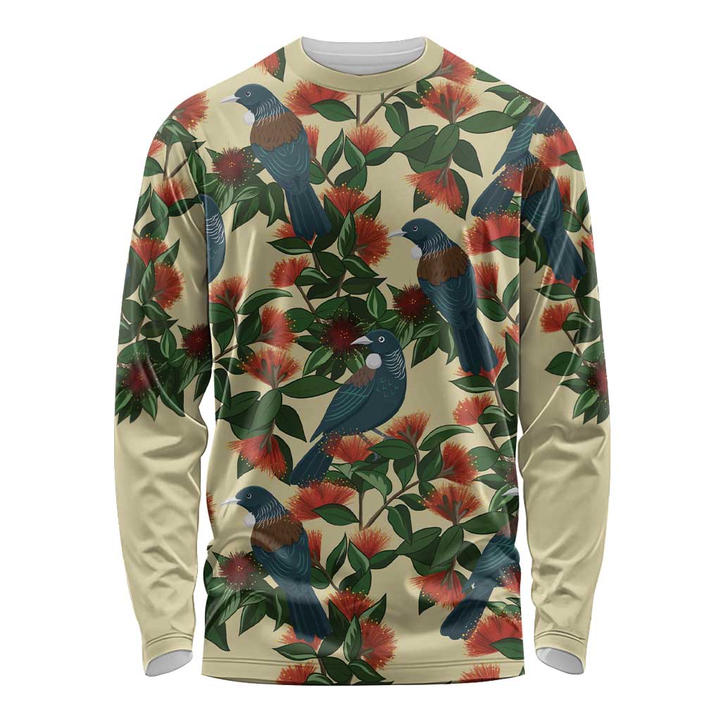 New Zealand Christmas Long Sleeve Shirt Romantic Tui Birds on Pohutukawa - Ivory - Polynesian Pride