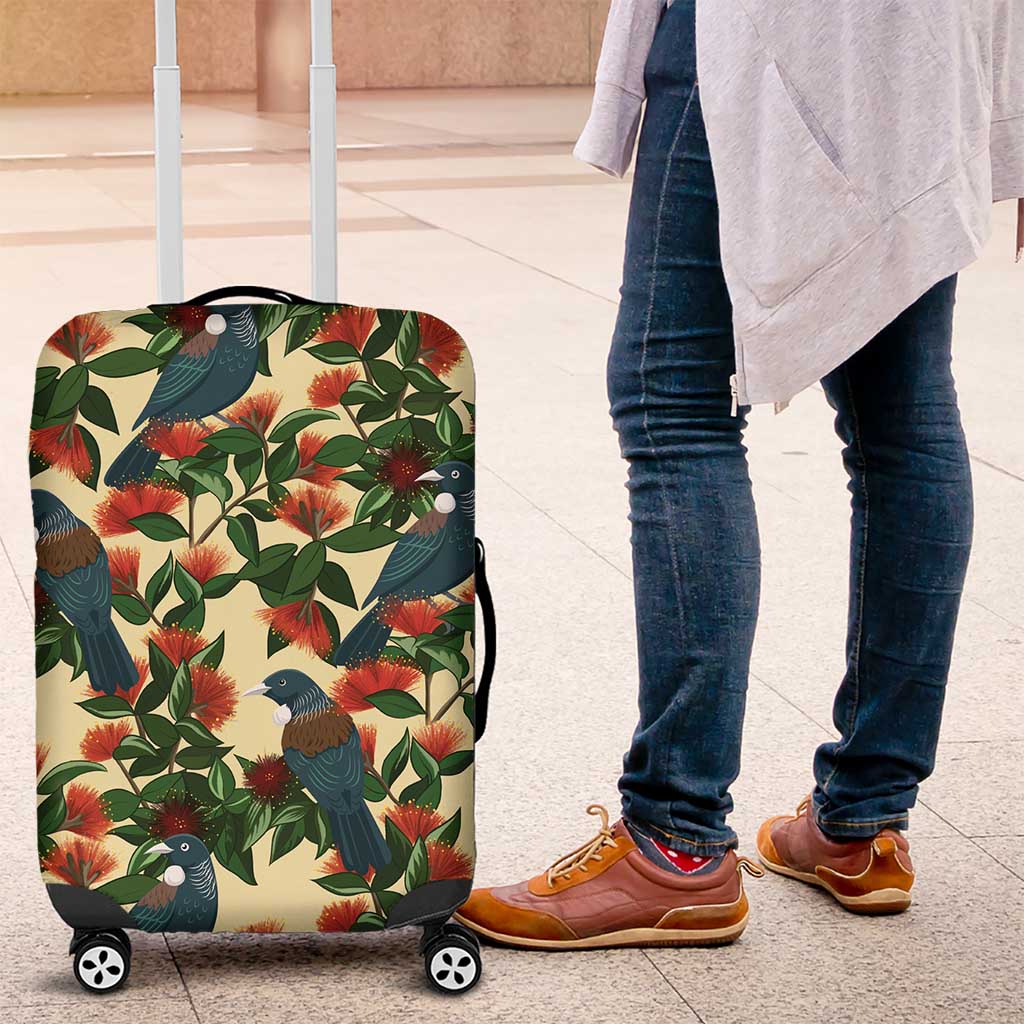 New Zealand Christmas Luggage Cover Romantic Tui Birds on Pohutukawa - Ivory - Polynesian Pride