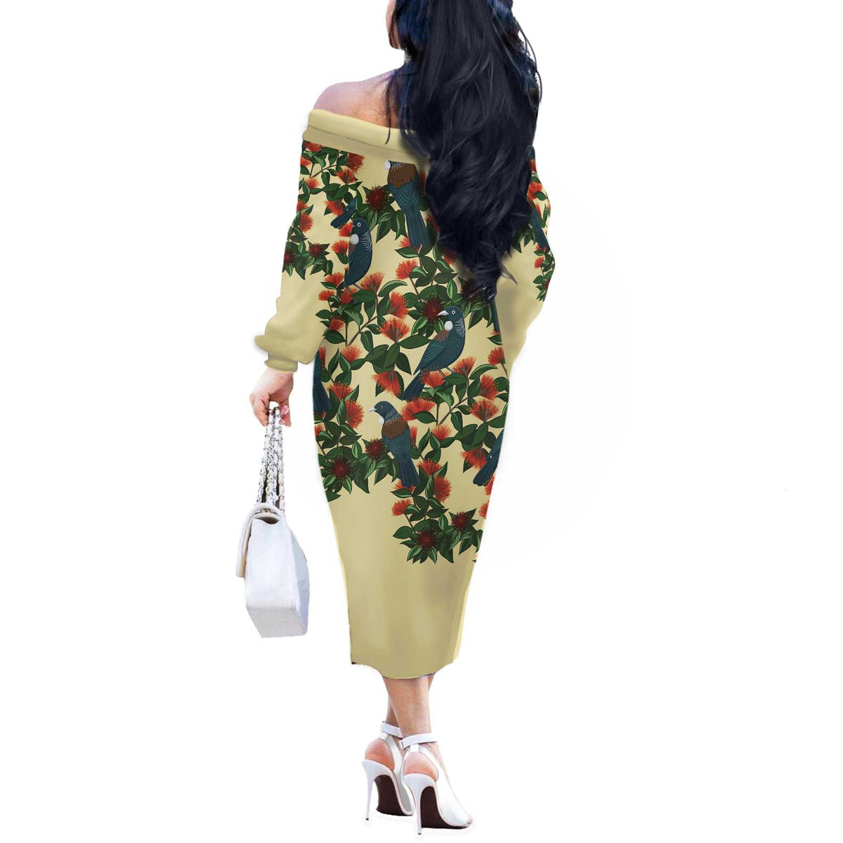New Zealand Christmas Off The Shoulder Long Sleeve Dress Romantic Tui Birds on Pohutukawa - Ivory - Polynesian Pride