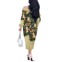 New Zealand Christmas Off The Shoulder Long Sleeve Dress Romantic Tui Birds on Pohutukawa - Ivory - Polynesian Pride