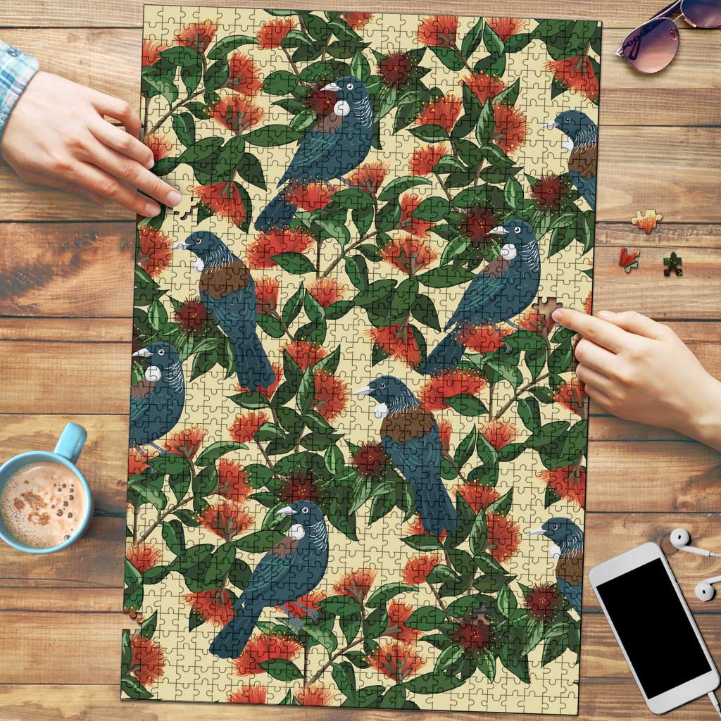 New Zealand Christmas Puzzle Romantic Tui Birds on Pohutukawa - Ivory - Polynesian Pride