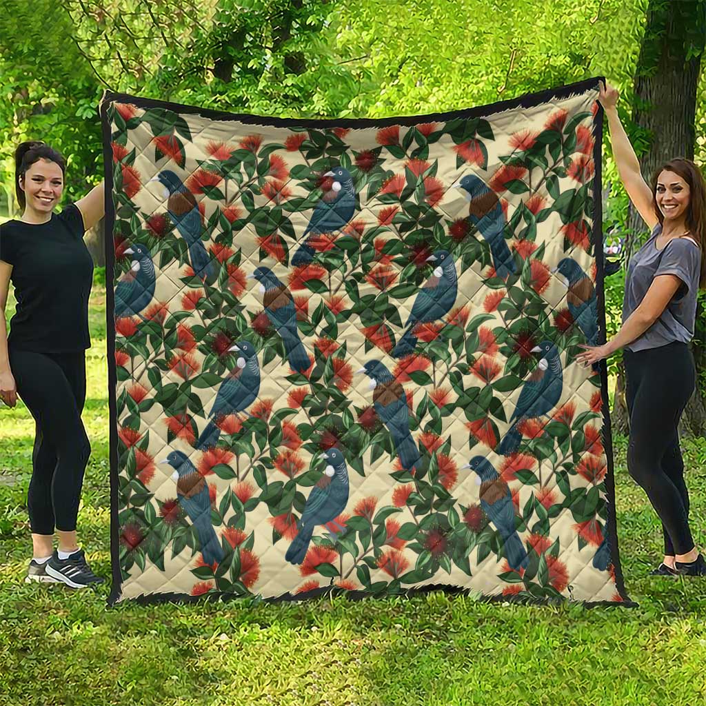 New Zealand Christmas Quilt Romantic Tui Birds on Pohutukawa - Ivory - Polynesian Pride