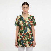New Zealand Christmas Scrub Top Romantic Tui Birds on Pohutukawa - Ivory - Polynesian Pride