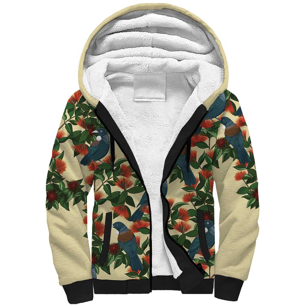 New Zealand Christmas Sherpa Hoodie Romantic Tui Birds on Pohutukawa - Ivory - Polynesian Pride