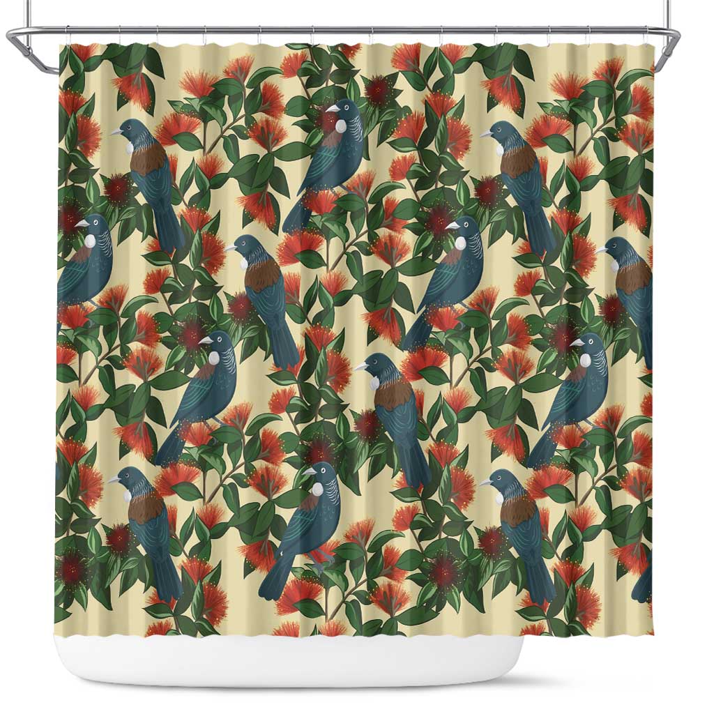 New Zealand Christmas Shower Curtain Romantic Tui Birds on Pohutukawa - Ivory - Polynesian Pride