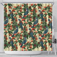 New Zealand Christmas Shower Curtain Romantic Tui Birds on Pohutukawa - Ivory - Polynesian Pride