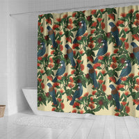 New Zealand Christmas Shower Curtain Romantic Tui Birds on Pohutukawa - Ivory - Polynesian Pride
