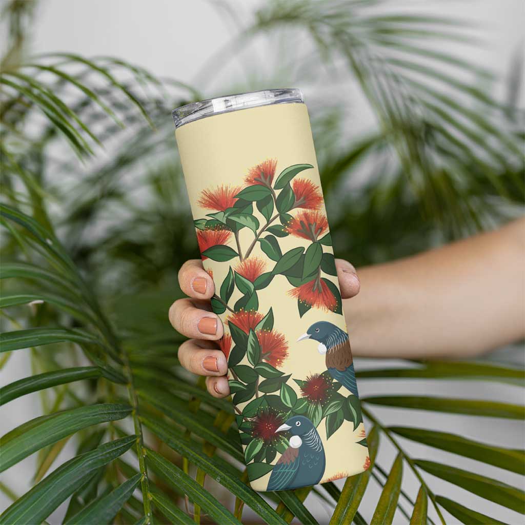 New Zealand Christmas Skinny Tumbler Romantic Tui Birds on Pohutukawa - Ivory - Polynesian Pride
