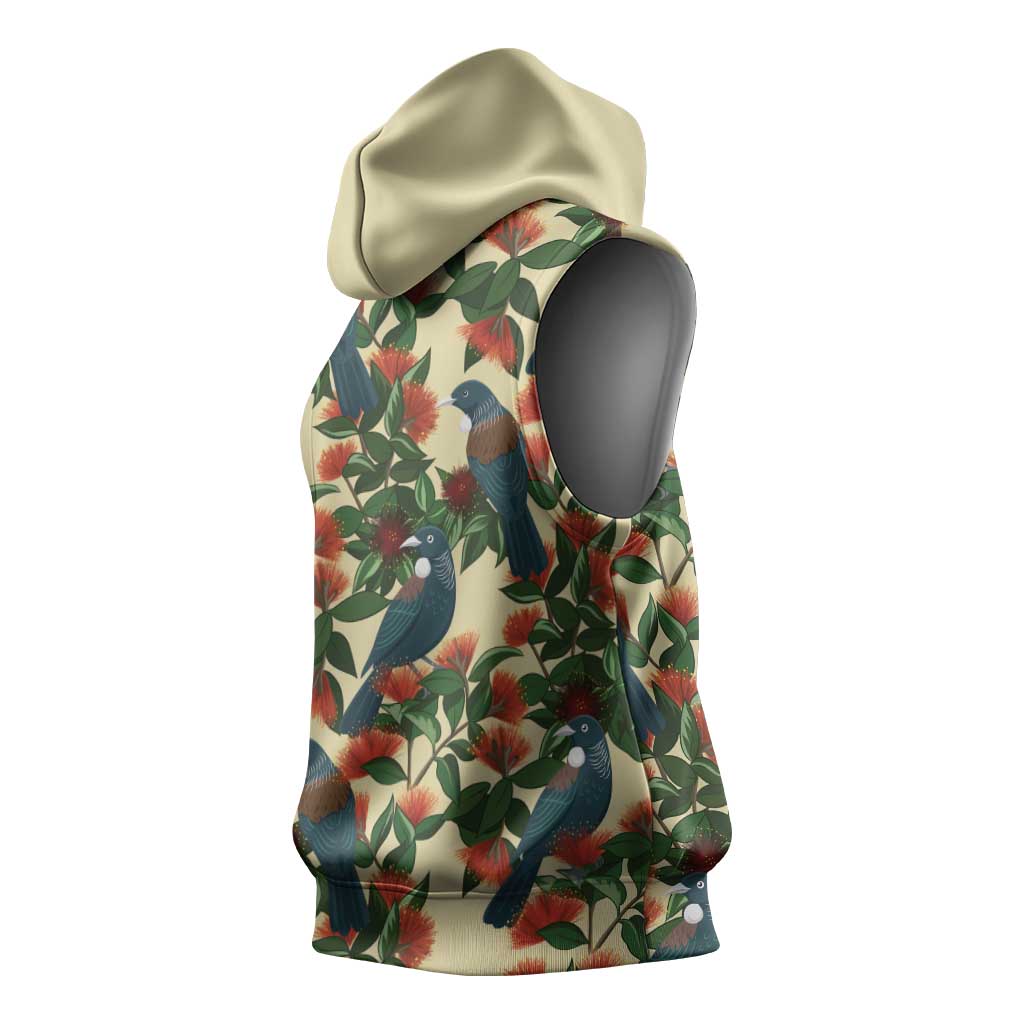 New Zealand Christmas Sleeveless Hoodie Romantic Tui Birds on Pohutukawa - Ivory - Polynesian Pride