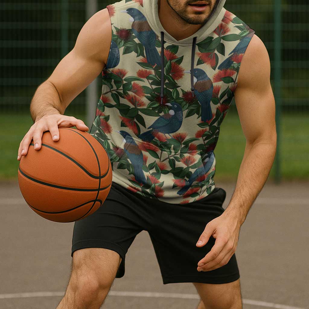 New Zealand Christmas Sleeveless Hoodie Romantic Tui Birds on Pohutukawa - Ivory - Polynesian Pride