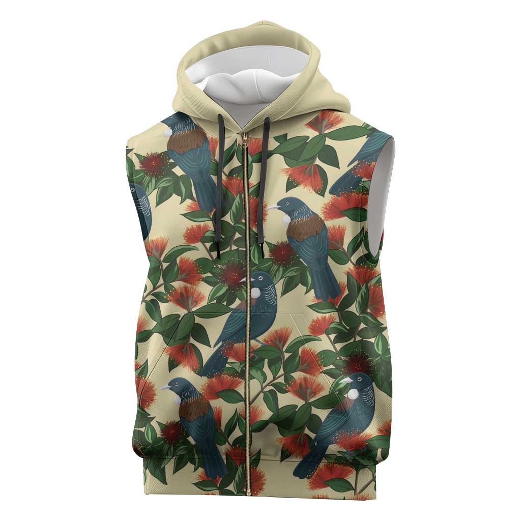 New Zealand Christmas Sleeveless Zip Hoodie Romantic Tui Birds on Pohutukawa - Ivory - Polynesian Pride