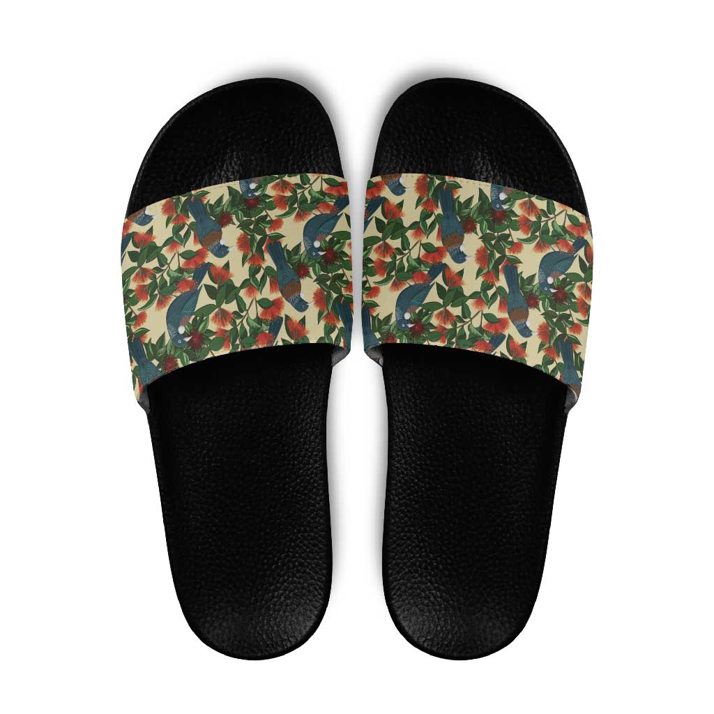 New Zealand Christmas Slide Sandals Romantic Tui Birds on Pohutukawa - Ivory - Polynesian Pride