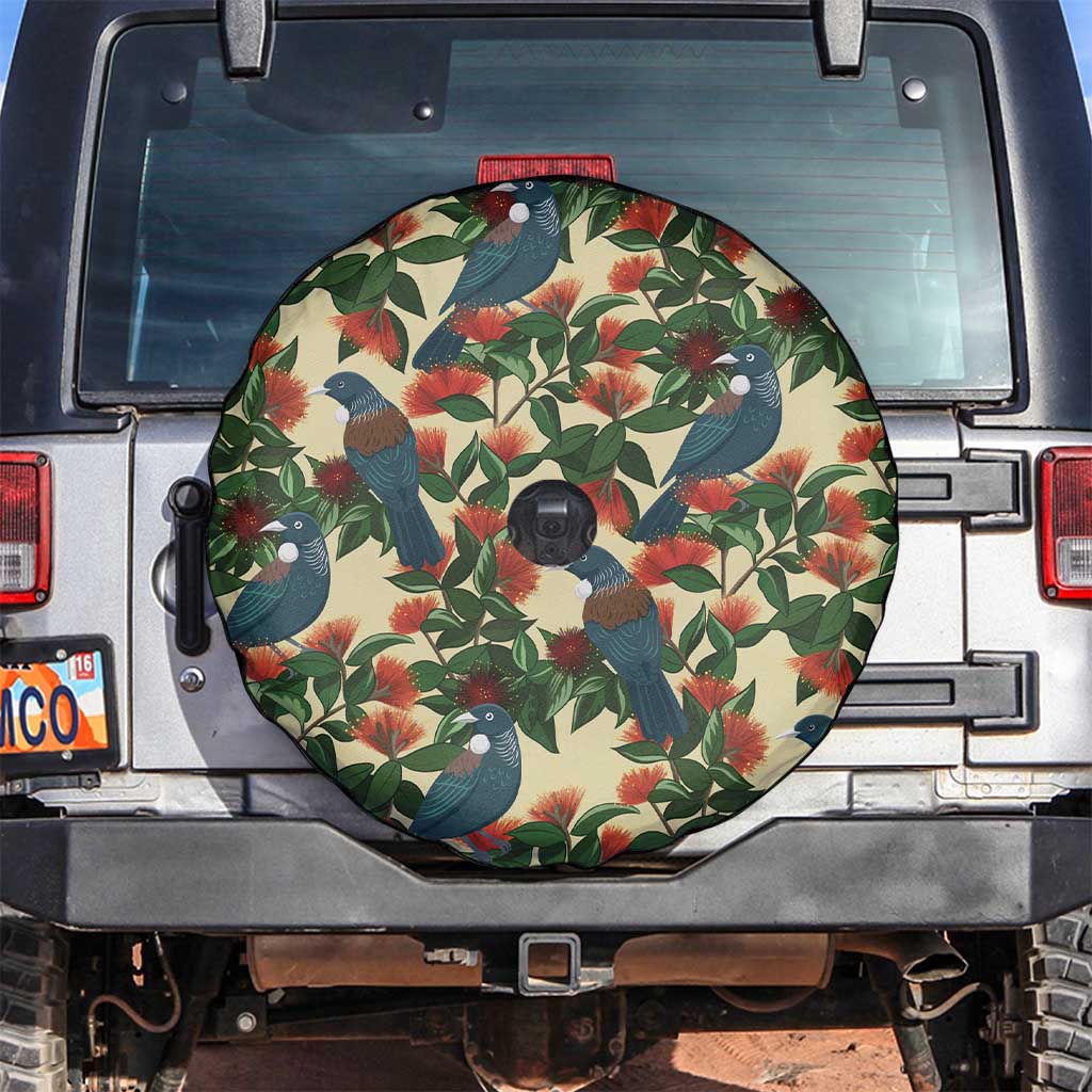 New Zealand Christmas Spare Tire Cover Romantic Tui Birds on Pohutukawa - Ivory - Polynesian Pride